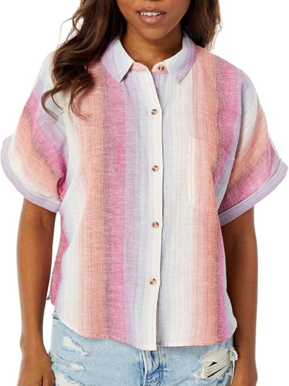 Lucky Brand Striped Linen Blend Short Sleeve Button Front Shirt Large